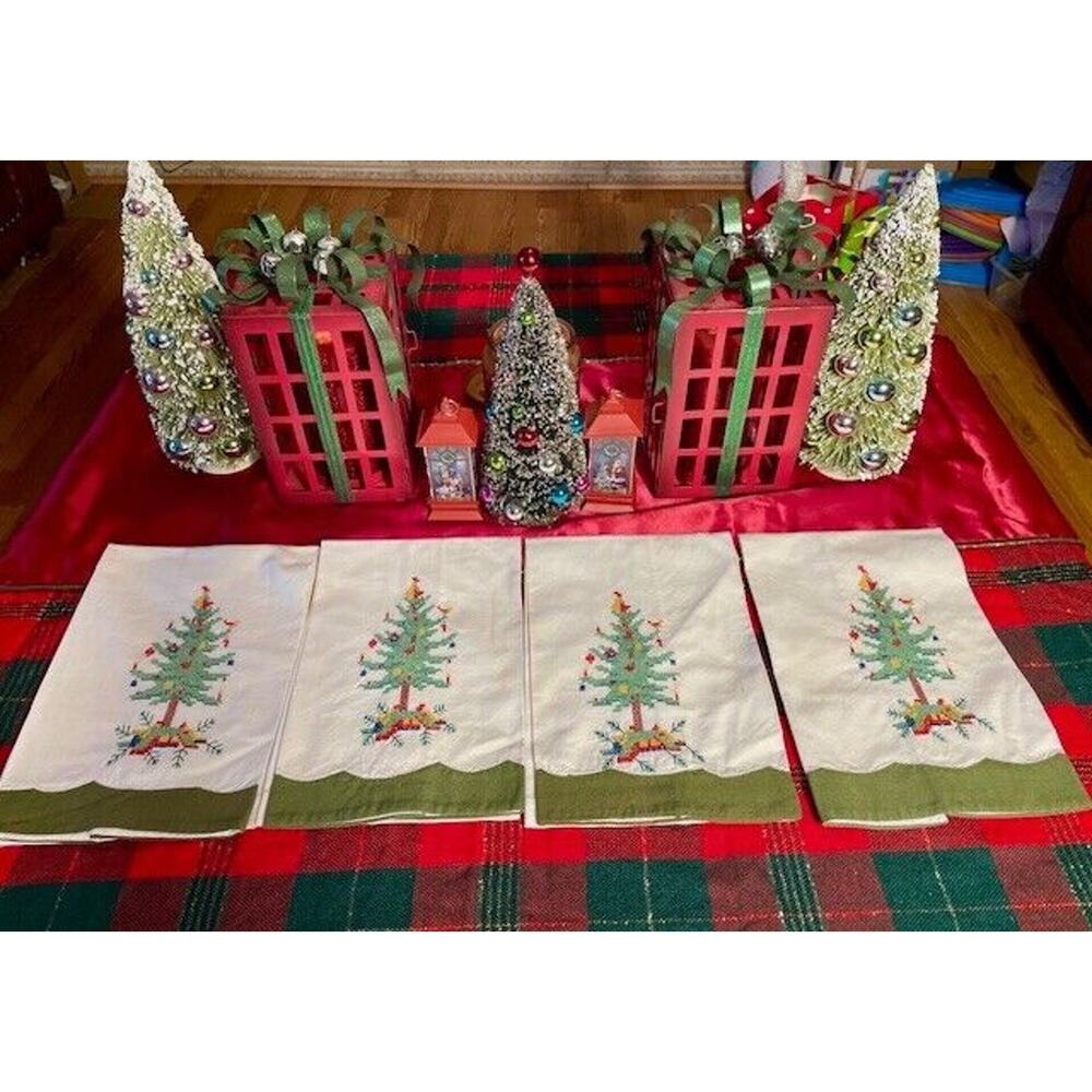 Vintage Christmas Tree Tea Towels Lillian Vernon Hand Cross Stitched Set of 4